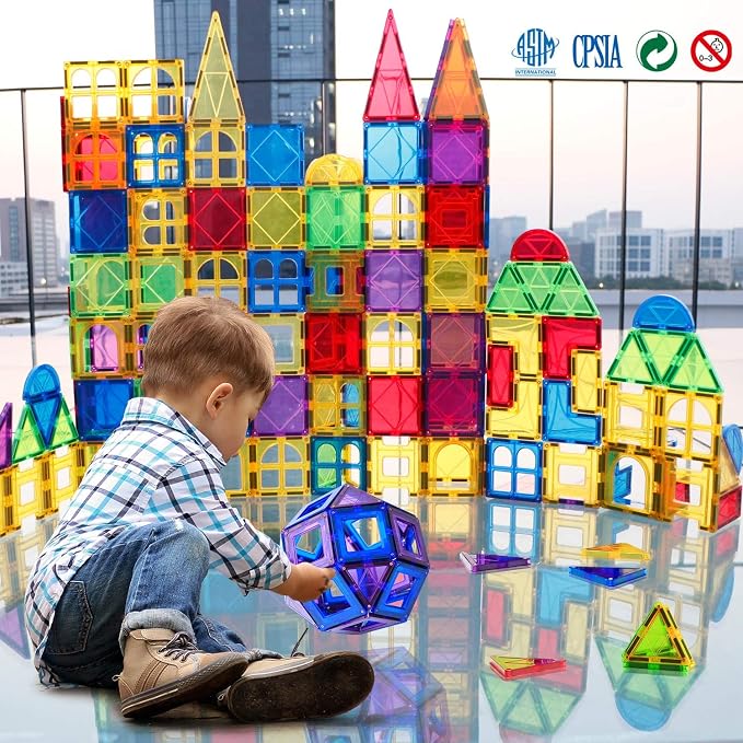 MAGBLOCK 100 Piece Magnetic Tiles,Building Blocks for Kids 3+ | Magnetic Blocks Preschool Building Sets Educational Toys for Kids Boys and Girls,shape & color recognition