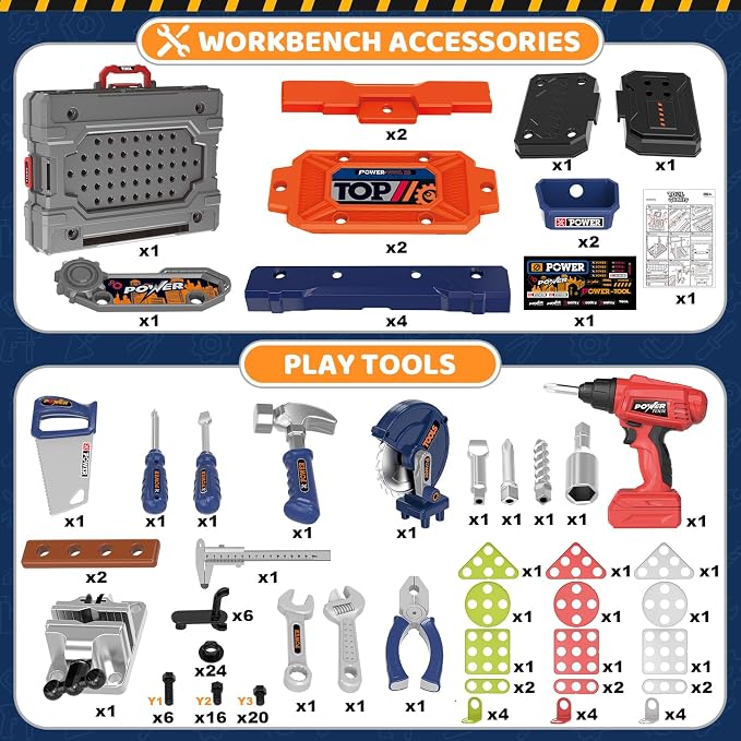 Kids Tool Bench with Electric Drill, Toddler Tool Set for Boys Ages 3-5 6-8 | 132 Pcs Kids Tool Set with Toddler Tool Box & Tool Bench, Christmas Birthday Gifts Toys for Boys Ages 3 4 5 6 7 8+ (Orange)