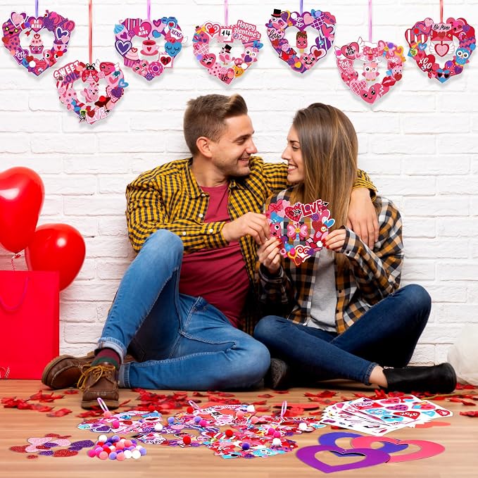 Hollowfly 48-Set Valentine's Day Wreath Craft Kit, 8 Paper Designs | Heart, Bird and Envelope Stickers, 5.91 in Make-and-Hang Wreaths, DIY Crafts for Home and Valentine Party Activities