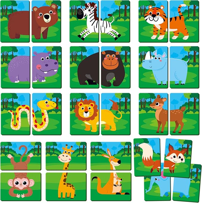SpriteGru Jungle Animal Memory Game, 28 Chunky Cards Wild Animal Head Tail Matching Game 1-5 Players Memory Matching Game for Age