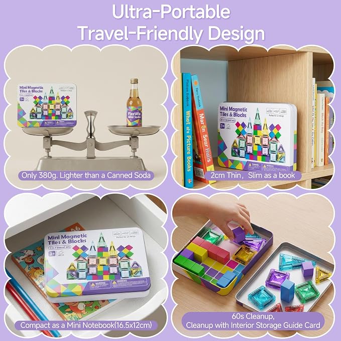 Magnetic Tiles Travel Toys Kids: 48PCS 3-in-1 Journey Blocks Set | Dual-Base Tin Holds 600+ Builds 120 Mins Focus 60s Cleanup - Quiet STEM Car Airplane Games for Toddlers Boys Girls Ages 3-8