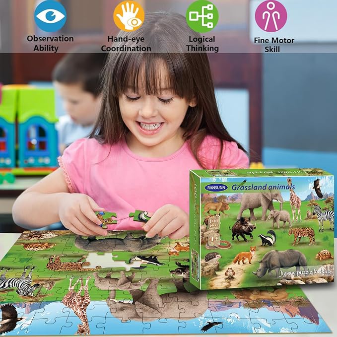 Puzzles for Kids Ages 6-8 Year Old, 100 Piece Grassland Animals Jigsaw Puzzle for Toddler Children Learning Educational Puzzles Toys for Boys and Girls - Every Piece is Unique