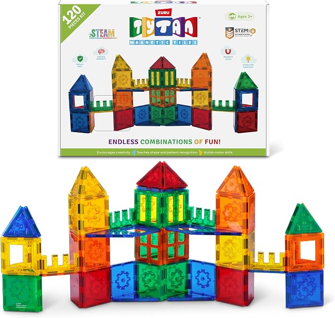 Tytan Magnetic Tiles 120-Piece Building Set by ZURU | STEM, Montessori & sensory play; strong snap-fit magnets; build 2D & 3D shapes; develops motor skills; STEM gift for kids