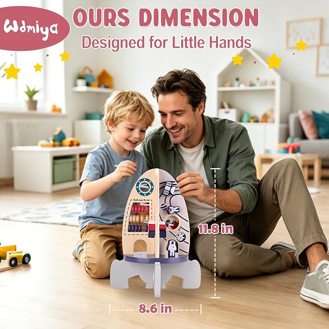 Wdmiya Space Wood Activity Cube Toy for Baby, Montessoritoys for 1 Year Old | Boy & Girl Birthday Gifts, Sensory and Educational 1st Birthday Gifts, Busy Board Toys for Baby Boy 6-18 Months (Rocket)
