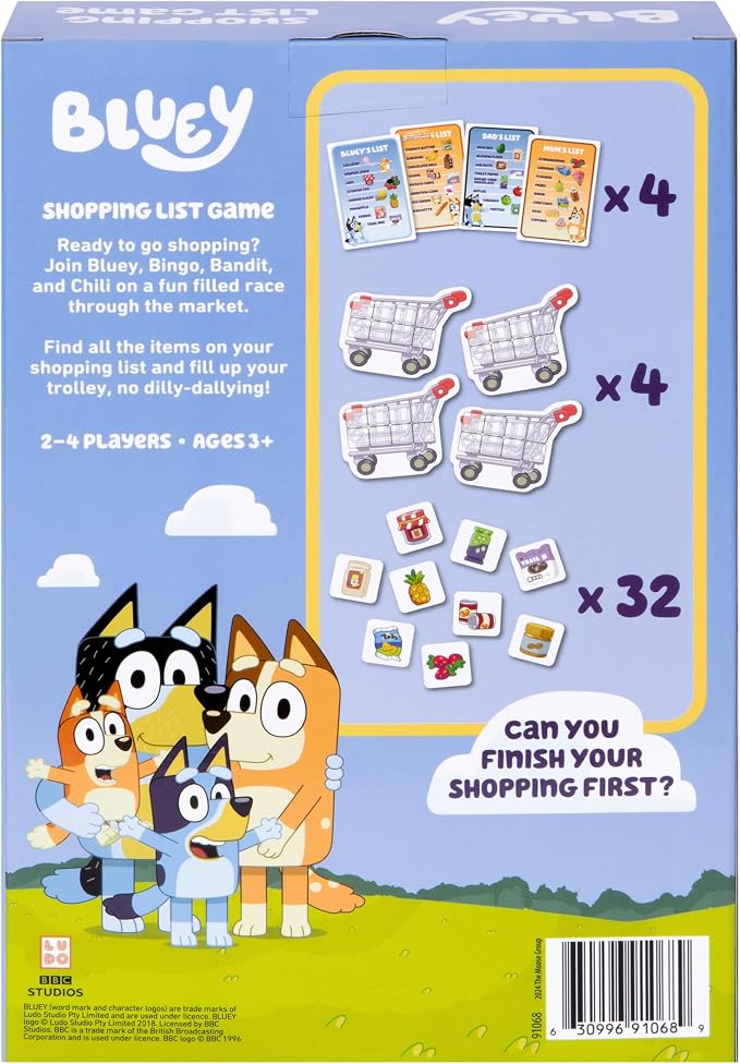 Bluey Shopping List Game, Memory & Matching Supermarket Game | Race to fill trolley with Bluey, Bingo, Bandit & Chilli, 2-4 players; family game for kids ages 3+