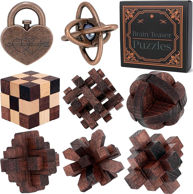Mytothfy Brain Teaser Puzzles for Adults Teens Kids, 3D Puzzle Game Toys | 8 Pcs Metal & Wooden Unlock Interlocking Puzzle for Adults Teens, IQ Education Smart Toys, Train Family Games Party Favor