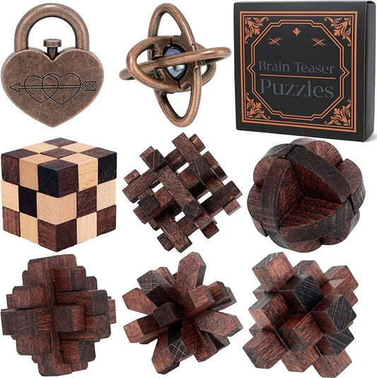 Mytothfy Brain Teaser Puzzles for Adults Teens Kids, 3D Puzzle Game Toys | 8 Pcs Metal & Wooden Unlock Interlocking Puzzle for Adults Teens, IQ Education Smart Toys, Train Family Games Party Favor