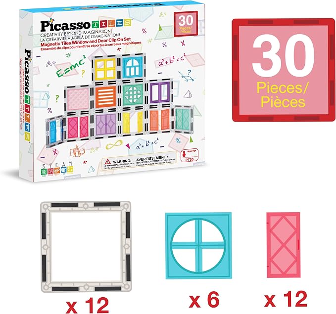 PicassoTiles Window and Door Clip On Magnetic Blocks Magnet Tiles Magnets Building Tile Construction Toy Set STEM Education Toys Learning Kit Stacking Block Playset Boys & Girls Age 3+ PT30