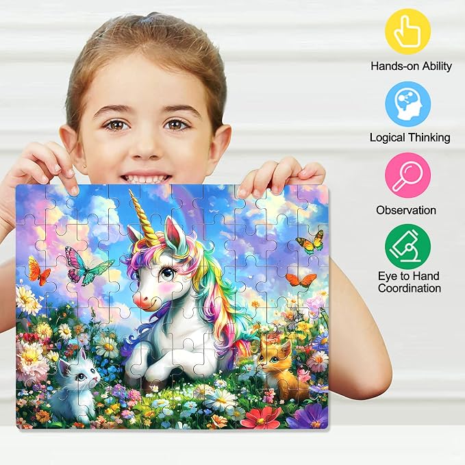 LELEMON Unicorn Puzzles for Kids Ages 4-8,60 Pieces Raibow Unicorns Cats Butterfly Jigsaw Puzzles in a Metal Box,Cute Raibow Unicornss Learning Educational Puzzles for Boys Girls
