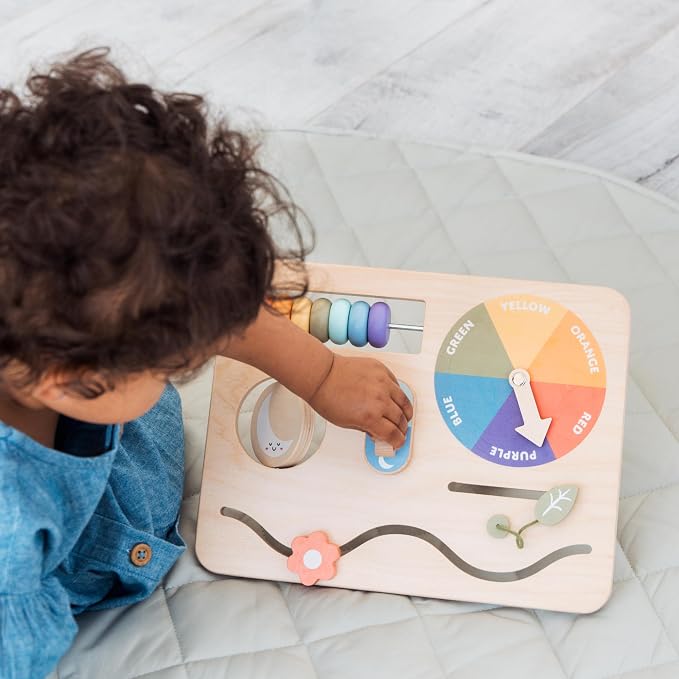 Pearhead Busy Board for Toddlers, Wooden Montessori Sensory Toy | FSC-Certified Design, Built-In Stand, Travel Activities, Color Recognition, Ages 1+