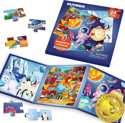 QUOKKA Travel Magnetic Puzzles for Toddlers 1-3 – 20+Pcs Animals Game with Extra-Long Play Book – Fun Travel Jigsaw Game Toy for Kids Ages 3-5 – Strong Magnets for Car Activities