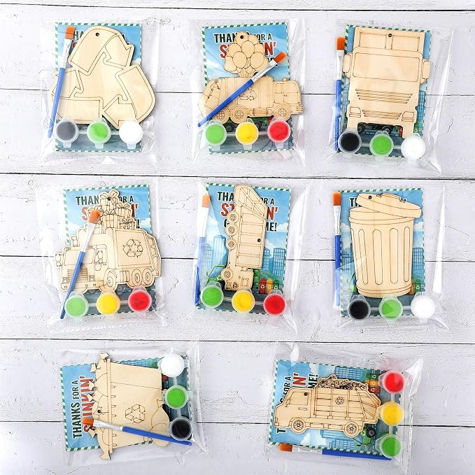 Saypacck 24 Pcs Garbage Truck Party Favors Wooden Paint Craft Kits | Kids DIY Wooden Craft, Trash Truck Cutout with Paints Brushes, Birthday Party Goodie Bags Fillers, Thank You Gifts