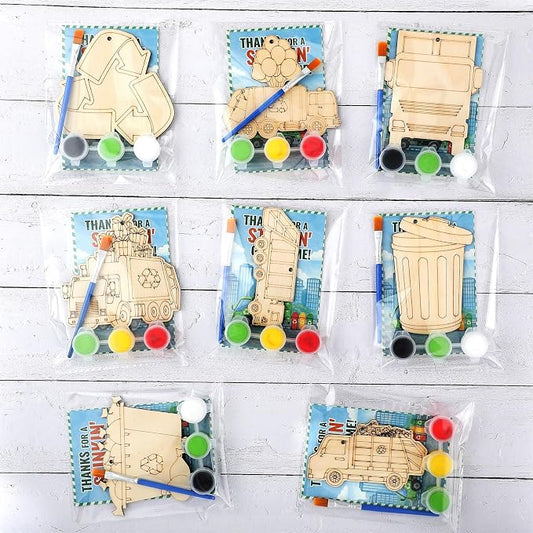 Saypacck 24 Pcs Garbage Truck Party Favors Wooden Paint Craft Kits | Kids DIY Wooden Craft, Trash Truck Cutout with Paints Brushes, Birthday Party Goodie Bags Fillers, Thank You Gifts