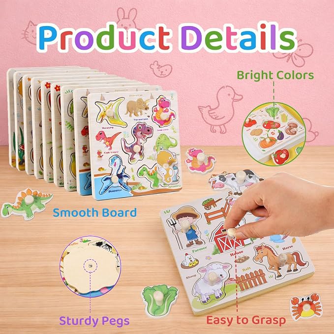 Wooden Puzzles for Toddlers 1-3, 8 Pack Peg Puzzles for Kids with Animals, Dinosaurs, Fruits, Vegetables, Educational Preschool Learning Toys, Birthday Gifts for Boys, Girls