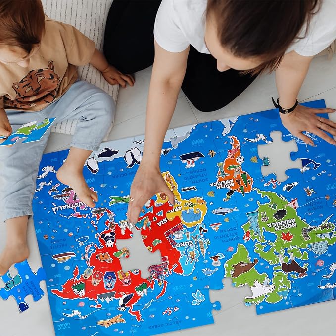 Jumbo Floor Puzzle for Kids,48-Piece World Map Jigsaw Puzzle Ages 3-8 | Discover 7 Continents,Oceans,Animals and Landmarks;Extra-thick Cardboard,35x24 in Completed,Preschool Gift for Boys and Girls