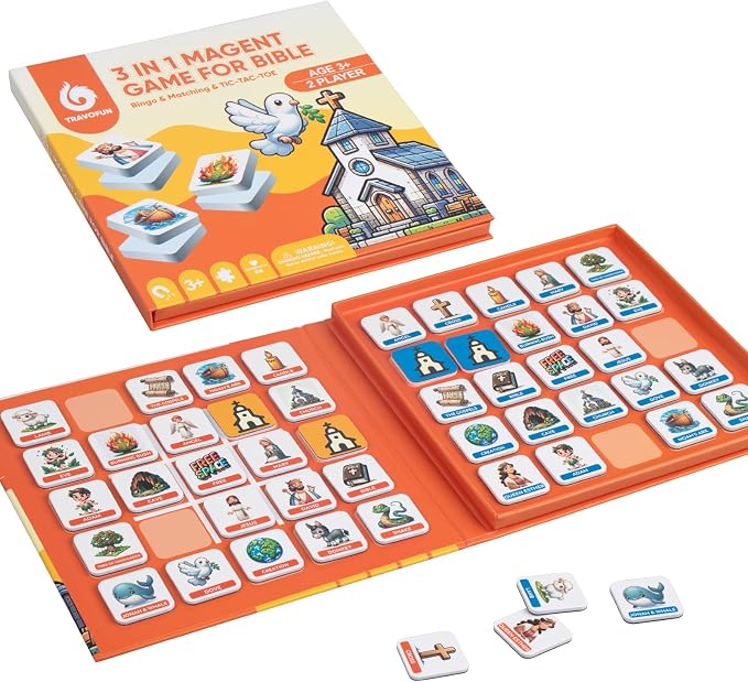 Travofun 3-in-1 Magnetic Bible Games for Kids Ages 5–8 | Magnetic memory match, story bingo and tic-tac-toe for church, Sunday school, Christian family game night and travel.