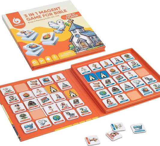 Travofun 3-in-1 Magnetic Bible Games for Kids Ages 5–8 | Magnetic memory match, story bingo and tic-tac-toe for church, Sunday school, Christian family game night and travel.