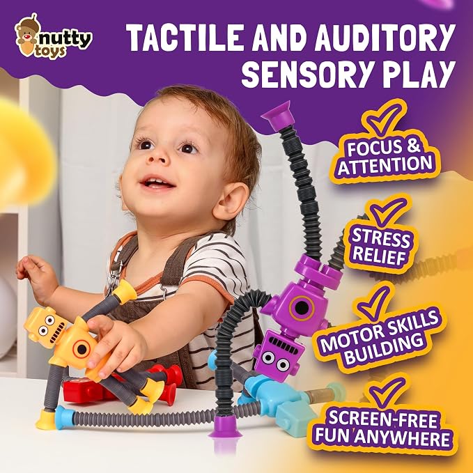 nutty toys Sensory Robot Toys 4pk - Top Pop Tubes Fidget 2026 for ADHD & Autism Ages 3 4 5 6 7 8 9 10 11 12, Best Kids Travel Idea, Unique Christmas Toddler & Tween Gift Idea & Boy Stocking Stuffers