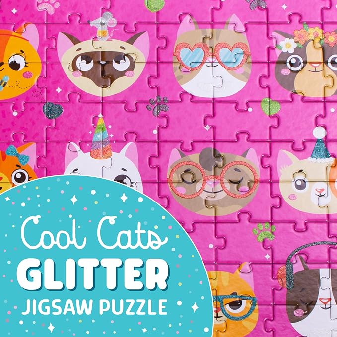 Chuckle & Roar Cool Cats, 100 Pc Jigsaw Puzzle, Puzzles for Kids Ages 6-8 | Glitter Accents, Poster Reference Guide, 11 x 15 in Finished Size, Fine Motor Skills, 100 Piece Puzzles for Kids Ages 6-8