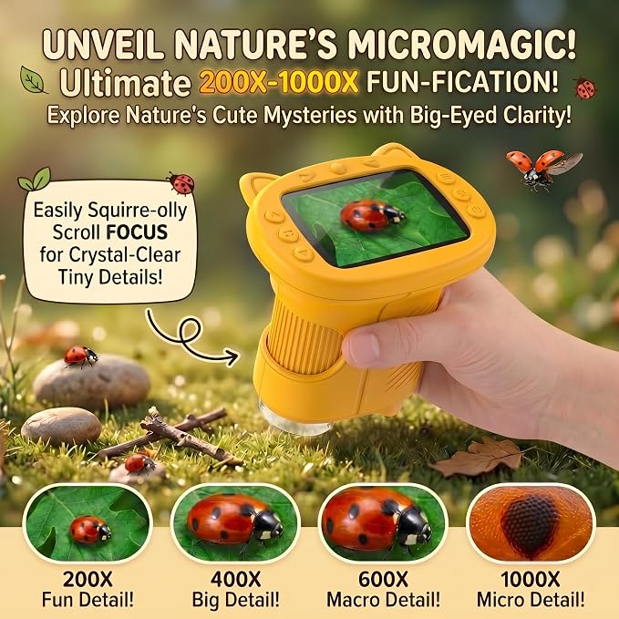 Kids Microscope, 4K 1000X Zoom, 2.4" Screen, STEM Toy for Ages 4-8 | Digital Microscope with Photo & Video Recording, 8 LED, USB Rechargeable, No Slides Needed, Birthday Gift for Boys Girls 4-12