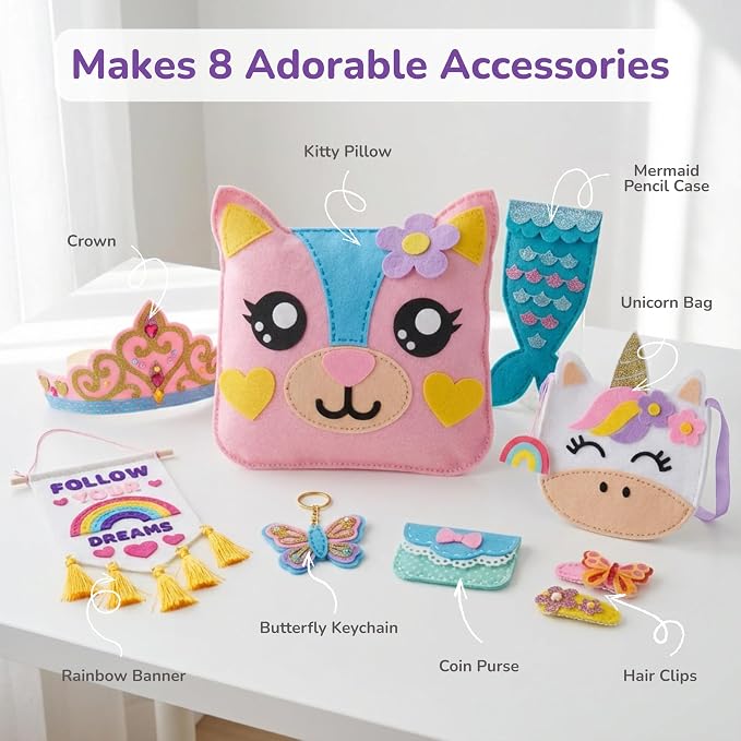 Craftorama Sewing Kit for Kids, Fun and Educational Accessories Craft Set for Girls Age 7-12, Sew Your Own Felt Accessories Craft Kit for Beginners