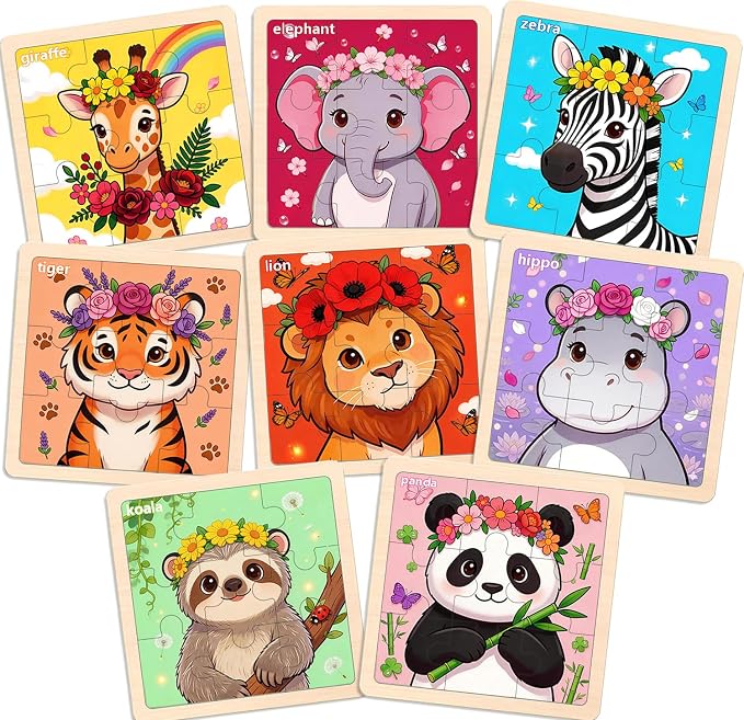 Wooden Jigsaw Puzzles for Kids Ages 3-5, 8-Pack 9-Piece Animal Puzzles Toy | Animal Wood Puzzles Set, Toddler Brain Teaser Toys, Gifts for Boys Girls Ages 3 4 5 6