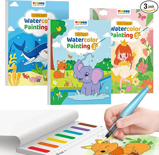 TECJOE 3 Pack Paint with Water Coloring Books for Toddlers, Mess Free Watercolor Painting Set with 6 Brushes, Travel Art Craft Activities Toys Birthday Gifts for Kids Ages 3-8, Forest, Sea & Princess | Thick Watercolor Paper With 6 Brushes, Mess Free T...