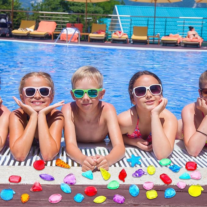 150 Pcs Diving Gems Pool Toys Acrylic Diamond Pirate Treasure | Colorful Plastic Gemstones, Fake Jewels with Burlap Bag, Vase Filler, Summer Mermaid Bath Toys, Beach Underwater Party Games