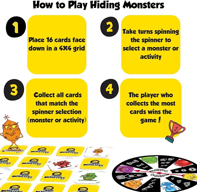 Hiding Monsters Award Winning Memory Games for Kids Ages 4-8. Spinner Wheel | Award-winning memory game with a spinner wheel. Easy to learn, high replay, fun for kids and families. Matching game