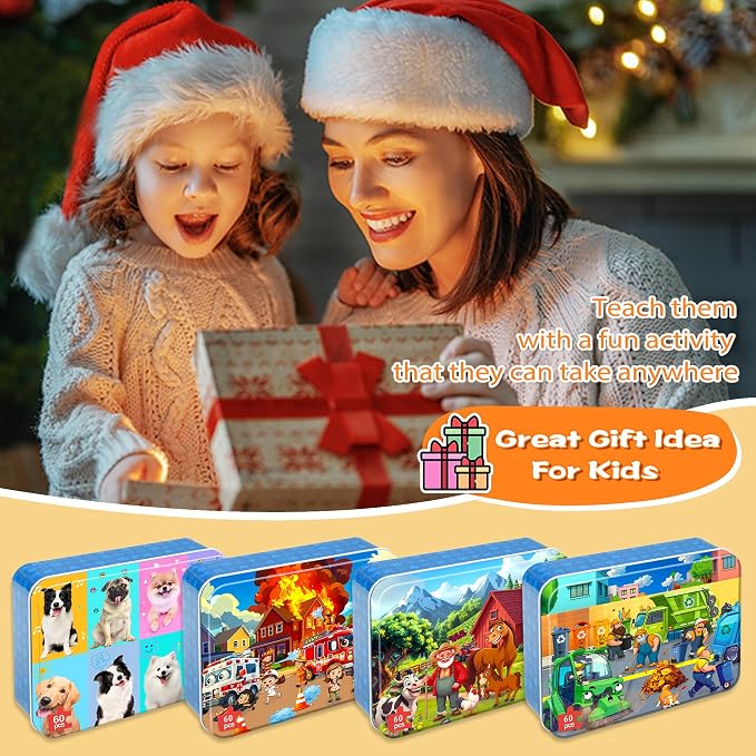 LELEMON Puzzles for Kids Ages 4-6,4-Pack Dogs Fire Fighting Garbage Truck Farm 60 Piece Puzzles for Kids Ages 4-8 in a Metal Box,Educational Jigsaw Puzzles Puzzle Games Puzzle Toys for Girls and Boys