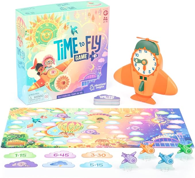 Educational Insights Time to Fly - Preschool Board Games that Teach How To Tell Time, Toy Learning Clock for Kids, Educational Board Games for Kids 4-6, Learn to Read Digital and Analog Clocks