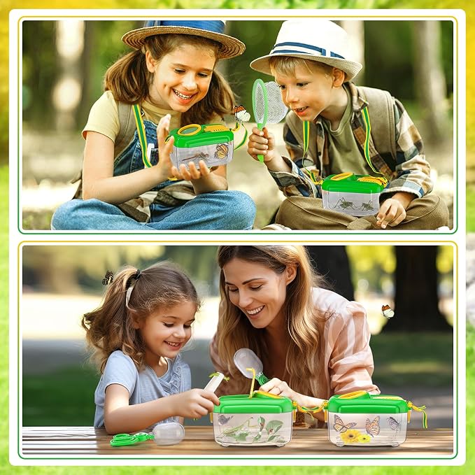 2 Sets Bug Catcher for Kids, Bug Catching Kit Gifts with Butterfly Net Toys | Built-in Magnifying Glass Bugs Box, Kids Camping Toys Bugs Collection Outdoor Explorer Kit for Age 3 4 5 6 7 8, Green