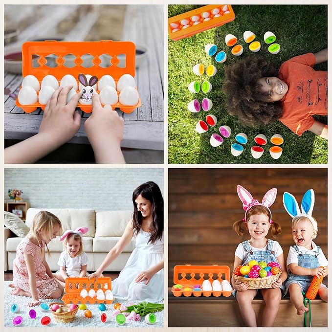 Matching Egg Toy 12 Pcs Develops Toddlers' Color & Shape Recognition Skills | Easter Basket Gift for Boys & Girls, Montessori Travel Toy for Kids 1-3, Fun Sorting Puzzle for Daily Early Education