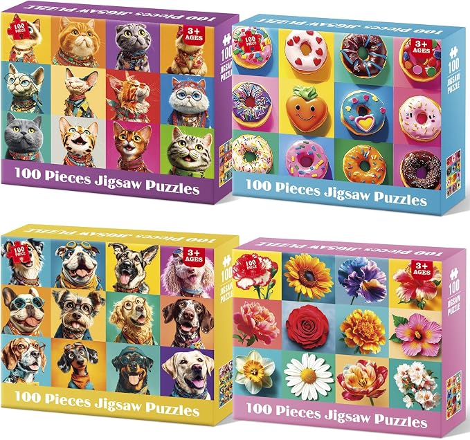 4 Packs 100 Piece Puzzles for Kids - Dogs Cats Donuts Flowers Puzzles | Kids Ages 4-6 6-8 8-10, Large Piece Puzzles for Kids & Seniors Adults Jigsaw Puzzles Educational Gifts for Girls Boys