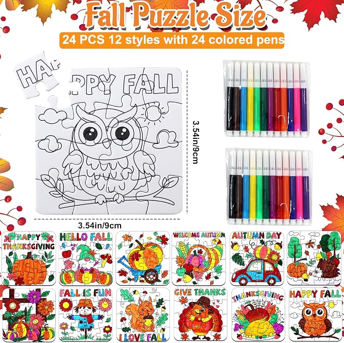 Fall Thanksgiving Crafts for Kids Autumn Activity DIY Arts Kit Puzzle Game | 24 Set Thanksgiving Jigsaw Pumpkin Turkey Owl for Fall Harvest Party Favors Classroom Gifts Blank Coloring Toys Supplies Bulk