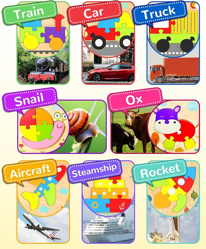 Wooden Toddler Puzzles Gifts Montessori Toys for 1 2 3 Years Old Boys Girls | 8 Vehicle Shape Puzzles, Boy Birthday Gift, Montessori Toys Educational Blocks for Toddlers 1-3, 2-4, Baby Learning Toys