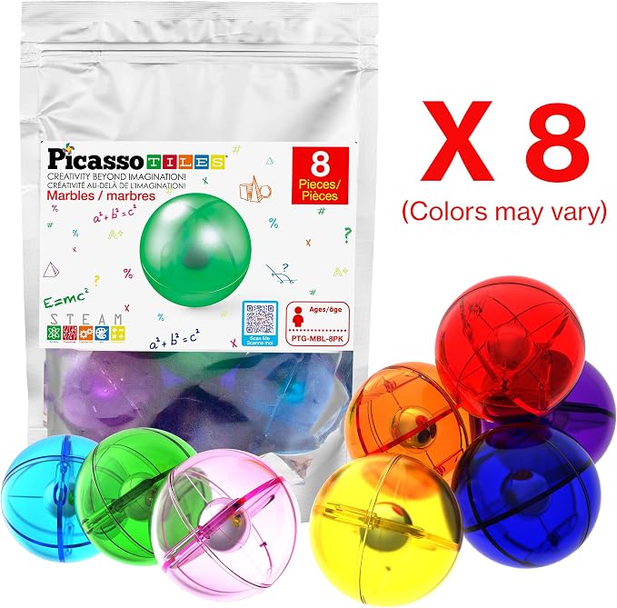 PicassoTiles Marbles for Magnetic Block Tiles Race Track Building Maze Set | STEM educational interactive learning kit, vibrant replacement balls, smooth rolling action spheres, safe plastic, ages 3+