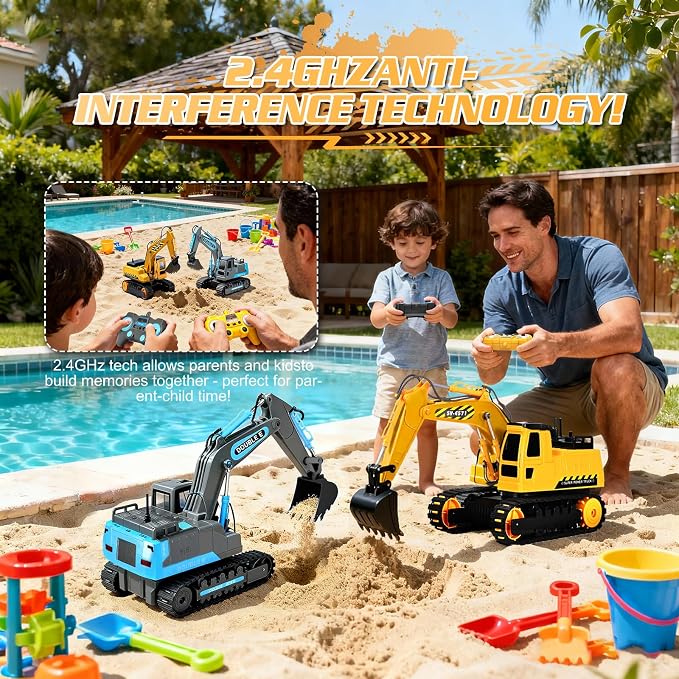 DOUBLE E Remote Control Excavator Toy, 2*Batteries 2.4GHz RC Excavator, 6-in-1 Digging/360° Rotation, 20M Range Sandbox Construction Toys Birthday Gift for Boys/Kids 6+ Years