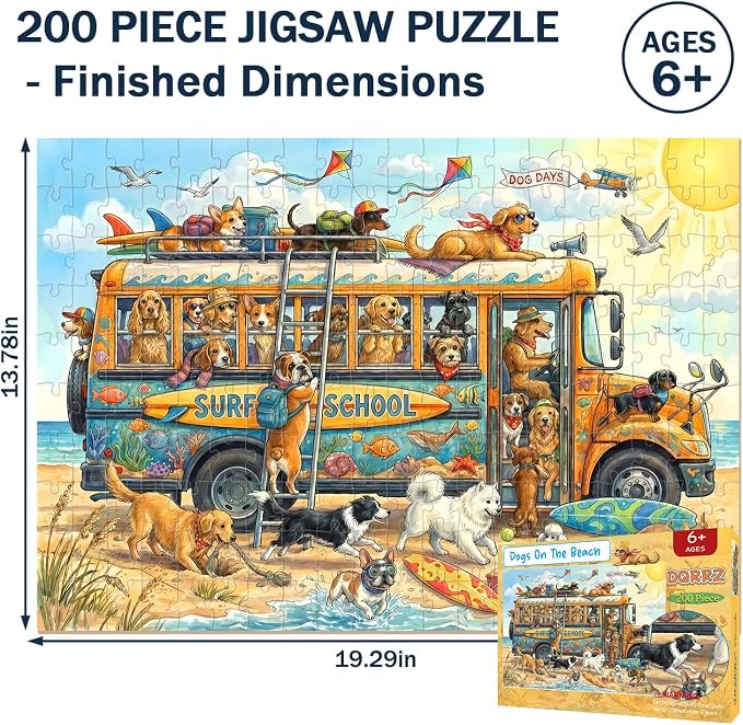 Puzzles for Kids Ages 6-8 8-10 - 200 Piece Dogs On The Beach Surf Puzzle | Educational Learning Toys.Colorful Children Puzzles for 6 7 8 9 10 11 12 Years Old Boys and Girls.Birthday and Holiday Gifts