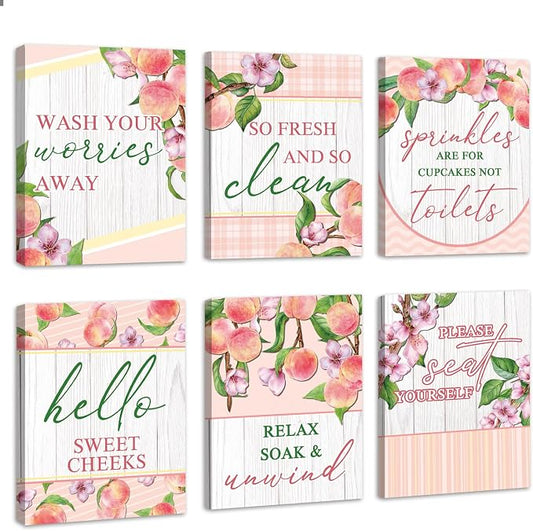 HOURIA 6pcs Framed Watercolor Peaches Bathroom Canvas Wall Art,8 * 10”Lovely Pink Peach Blossom Pictures Wall Decor,Sweet Cheeks Please Seat Yourself Funny Posters for Bathroom