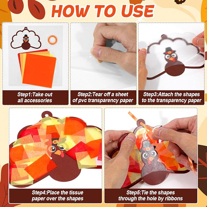 Qyeahkj 36 Set Thanksgiving Turkey Suncatchers Crafts for DIY Fall Window Tissue Paper Craft Kit Autumn Hanging Decor for Harvest Home Activity Art Project Birthday Party Favor Gift