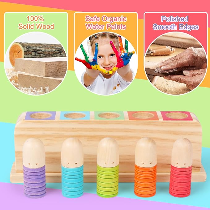Wooden Pop Up Puppets|Wooden Cause and Effect Toys for Boys & Girls, Montessori Color Matching Toys,Special Festival Gift for Kids 2 3 4 (Rainbow)