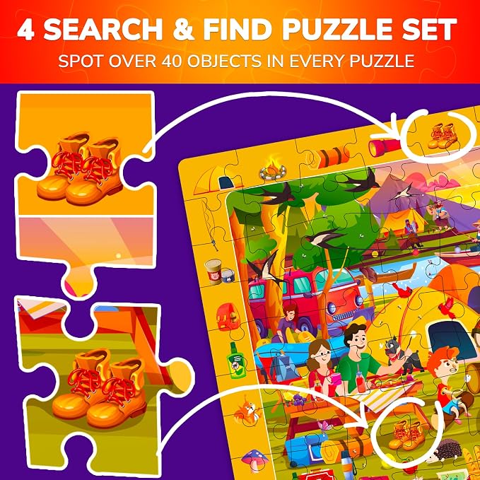 100 Piece Puzzles for Kids Ages 4-6 - 4 Jigsaw Kids Puzzles Ages 5-8 | Search and Find Artist-Crafted Illustrations with Daily Life, Hidden Objects - Educational Activity Puzzles for Kids Ages 4-8