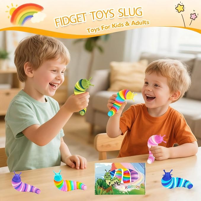 Kabvy 6 Pack Sensory Slug Fidget Toys, Stress Relief Toys for Kids 3+ | Slug caterpillar sensory fidget toys, autism & ADHD anxiety relief, travel play, classroom prizes, party favors, ages 3+