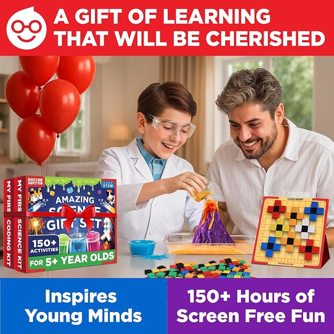 Doctor Jupiter Amazing Science Gift Set for Kids Ages 4+, Birthday Gift | Set of My First Science Kit & Brain Craft Pixel Art Kit, 150+ Activities, Birthday Gift for Boys, Girls Ages 5,6,7,8 STEM Toy