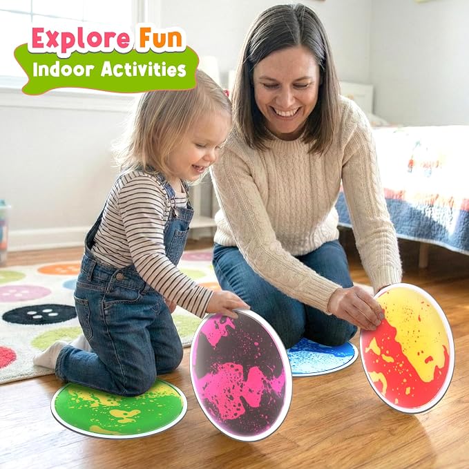 Sensory Floor Tiles for Kids: 4 Pack Sensory Toys for Kids with Autism | Round Liquid Play Mats for Lava Games, Gross Motor Skills- Sensory Room, Daycare Essentials, Preschool Must Have