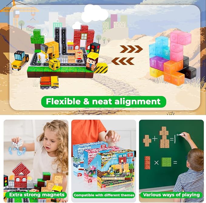 ToyUnited Magnetic Blocks - 100PCS Magnetic Building Blocks Magnet Cubes Stacking Construction Set, STEM Montessori Sensory Toys for Kids Boys Girls Ages 3-5 6-8 Holiday Birthday Gifts