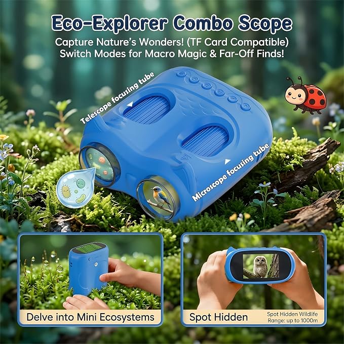 2-in-1 Kids Microscope and Telescope, 1000X Handheld Digital Microscope for Kids, 2.0" Screen, 8 LEDs, 10X Pocket Telescope for Outdoor, 1080P Camera STEM Toys Gifts for Boys Girls 4-12, Blue