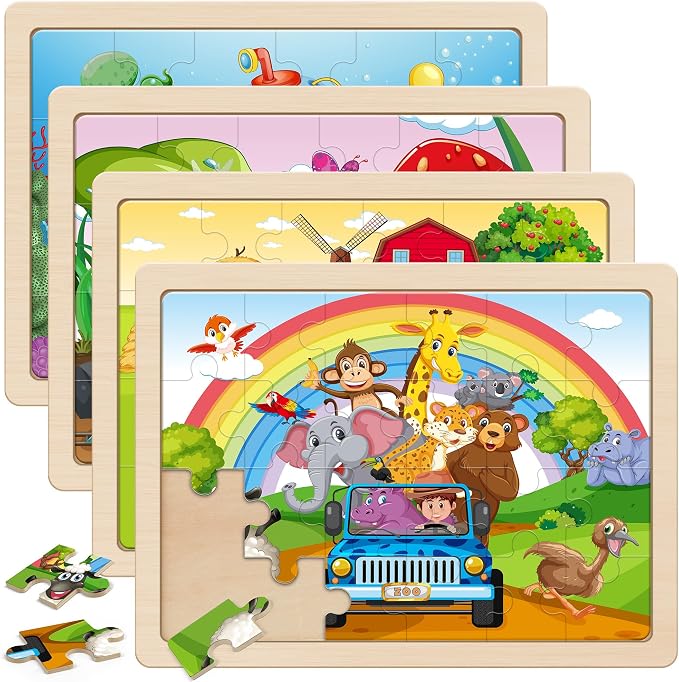 SYNARRY Large Animal Wooden Puzzles for Kids Ages 4-6, 4-in-1 Gift Set | Animal Puzzles for Toddlers & Kids Ages 3-5, Birthday Gifts for Boys & Girls, Educational Animal Toys, Screen-Free Play