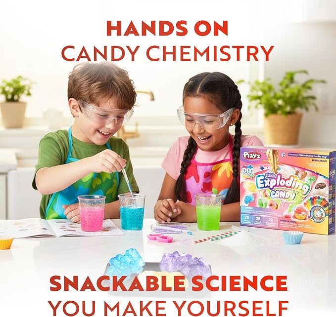 Playz Edible Exploding Candy Making Kit for Kids Age 8-12, 29+ Fun Science | Experiments kit DIY Explosive Chemistry kit for kids Rock, Gummy Chocolate, hard candy maker STEM Toys/gift for Girls & Boys